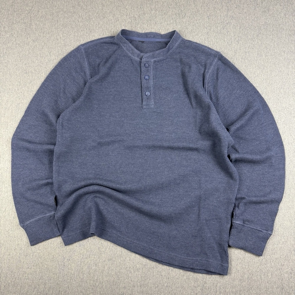 Henley Waffle Knit Shirt Mens Small Blue Long Sleeve Stretch Comfort Fall Faded